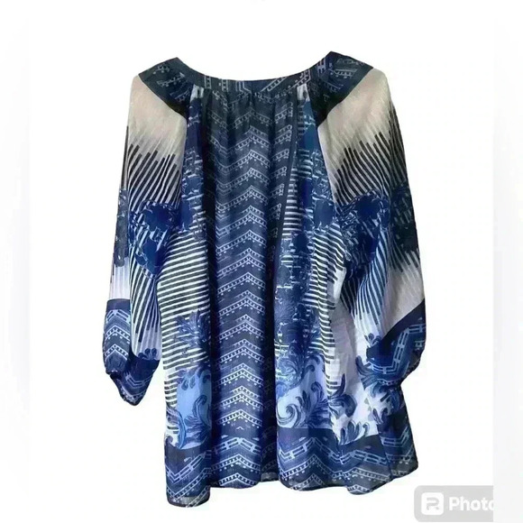Roz & Ali Women Blouse Blue Geometric Print Size 2X - Picture 5 of 9